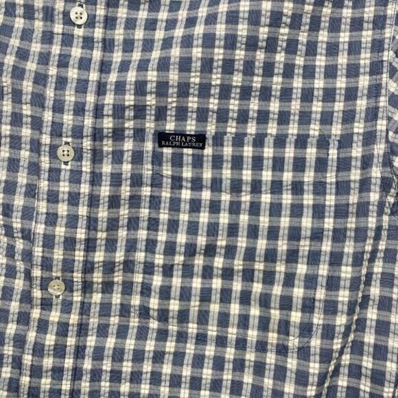 Chaps Ralph Lauren Button Down Shirt Mens M Blue Plaid Seersucker EZ Care VTG - Picture 4 of 9